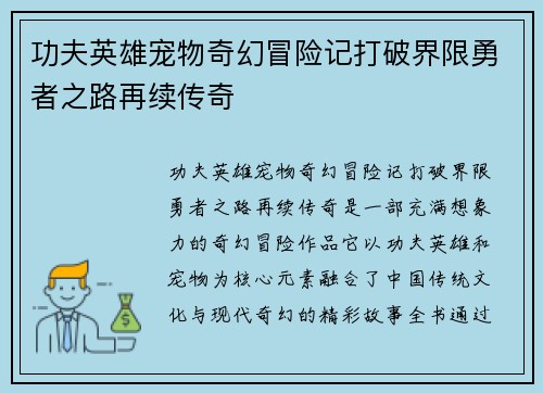 功夫英雄宠物奇幻冒险记打破界限勇者之路再续传奇